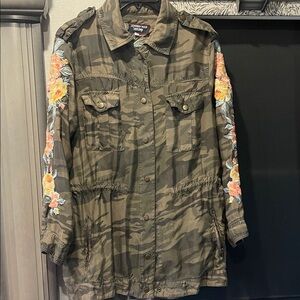 Johnny Was Olive Camouflage Jacket with Floral Embroidery